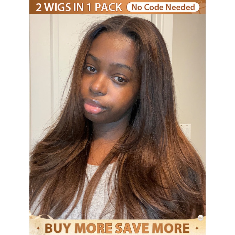CurlyMe Layered Cut Black to Chestnut Brown Ombre Yaki Straight Hair 7×5 Pre-Cut Swiss Lace Wear Go Glueless Wigs Yaki Straight-18 Straight-18