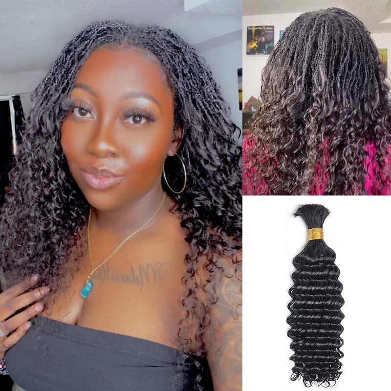 QVR Deep Wave Bulk Hair Extensions for Boho Knotless Braiding Natural Black #1B 3 Packs (Full Head) 14”