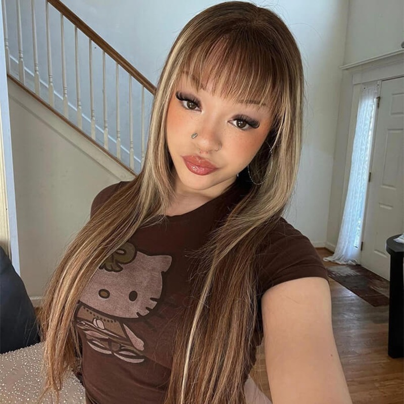 4/27 Honey Blond Highlight Straight Human Hair Wig With Bangs Virgin Human Hair Lace Front Wigs 14 Full Machinemade Wig 150%
