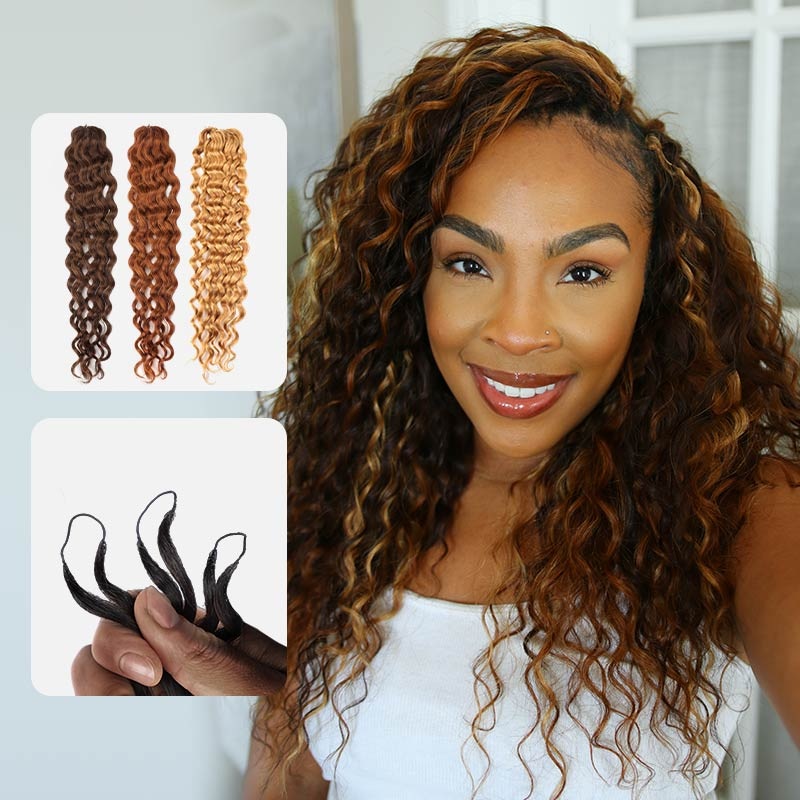 CLEARANCE SALE| Ombre Color Water Wave Brown Highlight Feather Human Hair Extensions #4+27+30 (Model Show) 24″ 24″ 24″