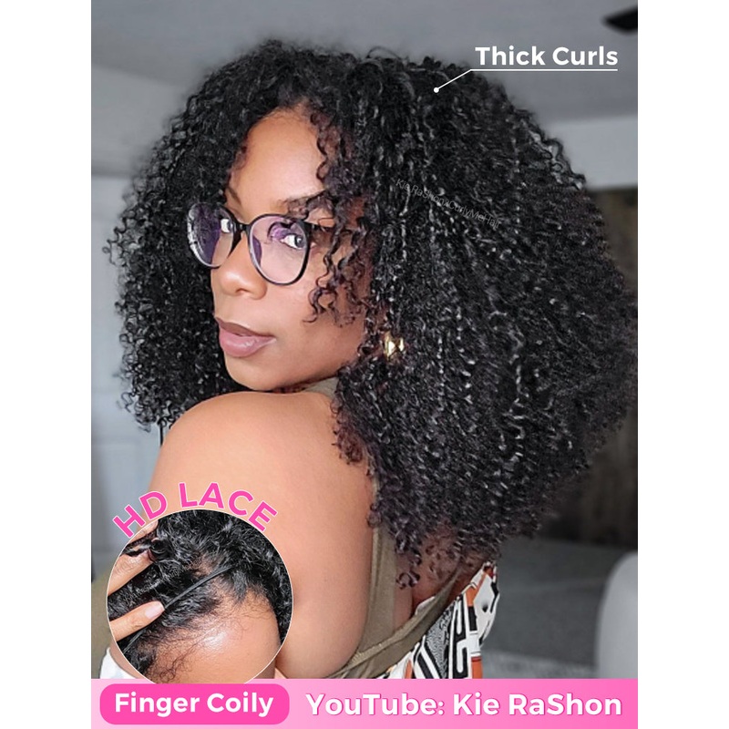 CurlyMe Pre-style Finger Coily 250% Thick Curls Wear Go Glueless Wig 6×4 Pre-cut HD Lace Wig Pre-plucked 250% Thick Bleached