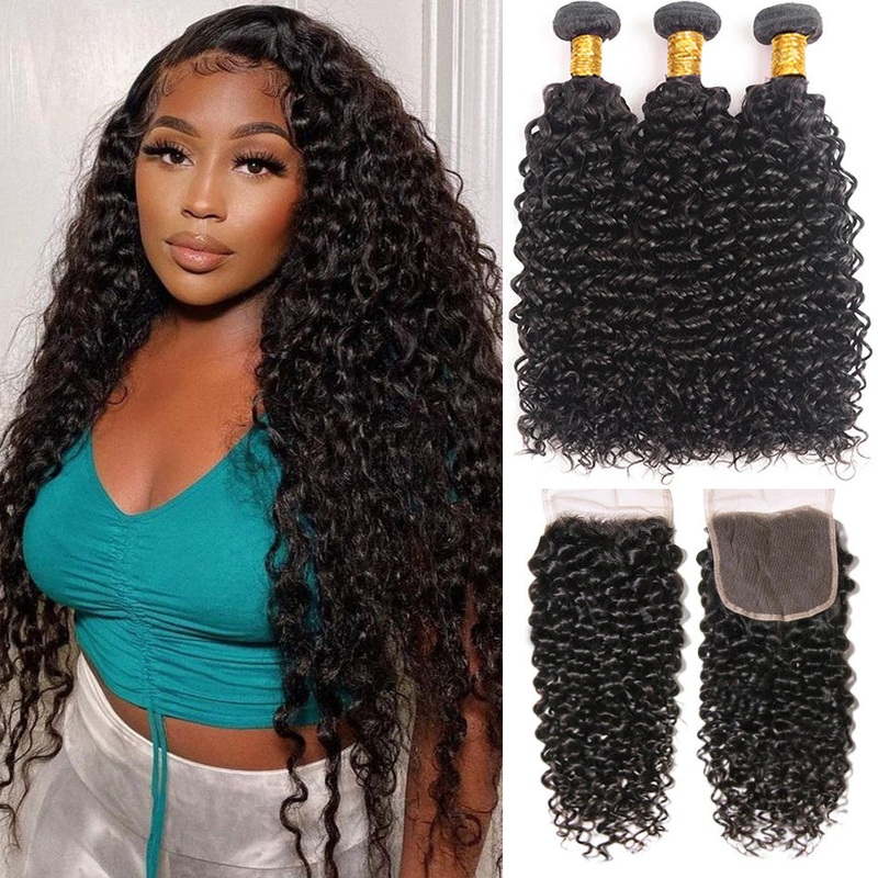 Remy Jerry Curl  Human Hair Natural Black  3/4 Bundles With 4×4 Lace Closure 8″8″8″+8″
