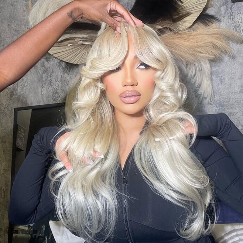 613 Blonde Curtain Bangs Body Wave Wig Pre Plucked Glueless HD Lace Human Hair Wigs 16 5×5 Lace 150%