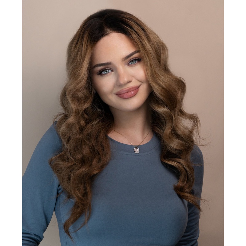 lace front human wig – 20″ ash brown balayage.