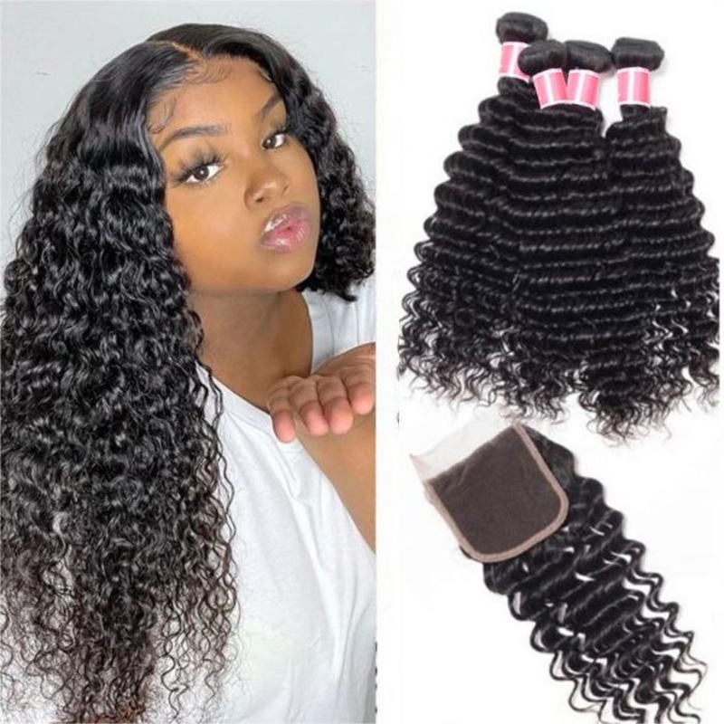 Peruvian Deep Wave 4 Bundles with 4*4 Closure Soft Unprocessed Virgin Human Hair 10 10 12 12+8 Free Part