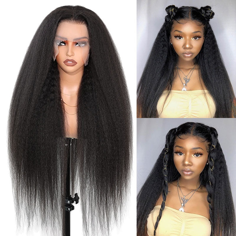 QVR Long Kinky Straight Unprocessed Yaki Human Hair 13×4 Lace Front Wig 26” 250%