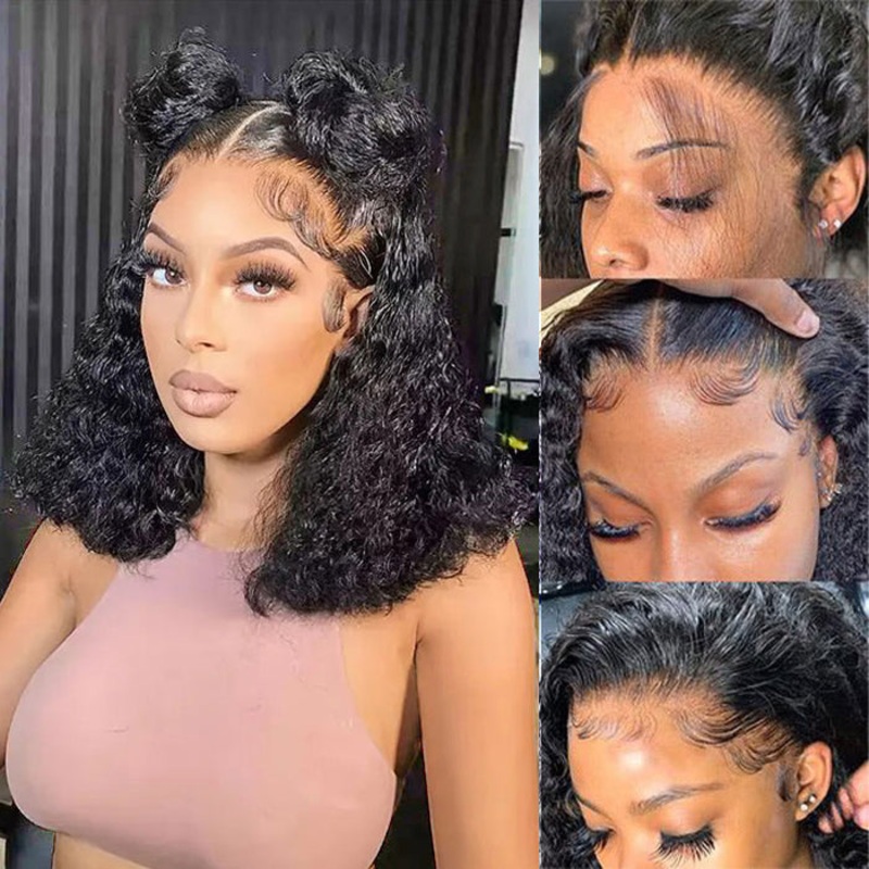 Water Wave Short Bob 13×4 Lace Front  Wigs 100% Human Hair Pre Plucked Glueless Lace Front Wigs 10 13×4 HD Lace Normal Cap