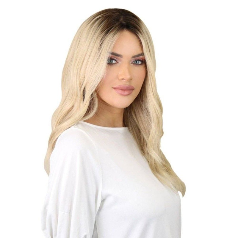 22″ Ponytail Silk Part Wig Platinum Blonde w/ Full Rooting