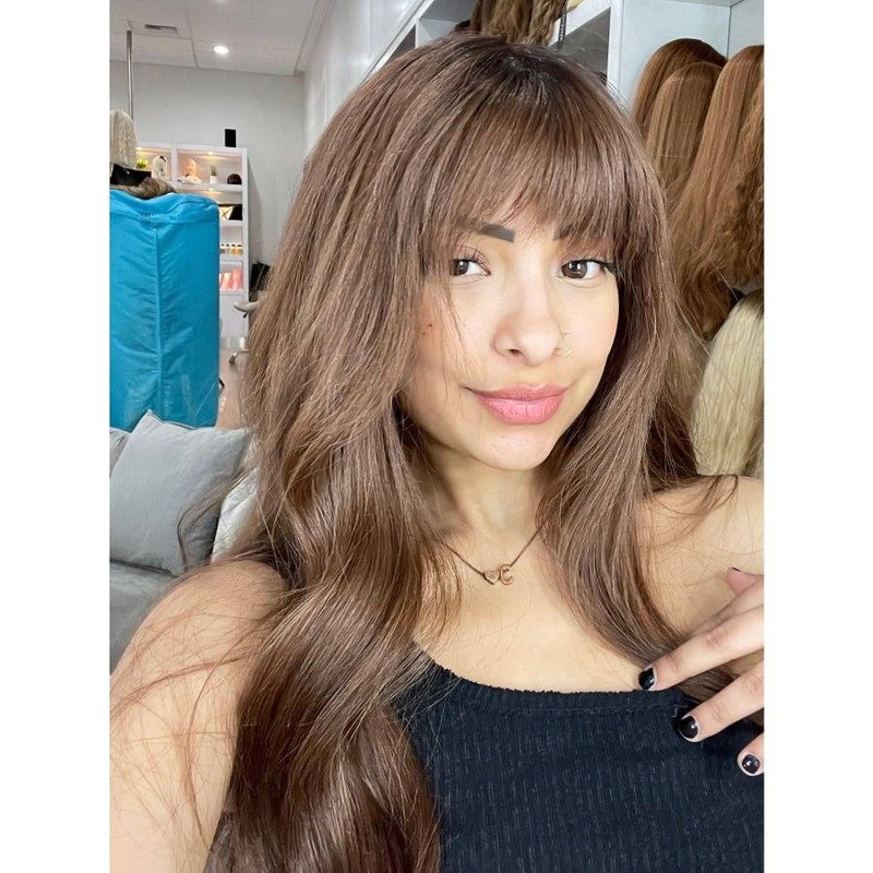 26″ Amber Silk Top Wig Auburn w/ Partial Rooting & Wispy Bangs