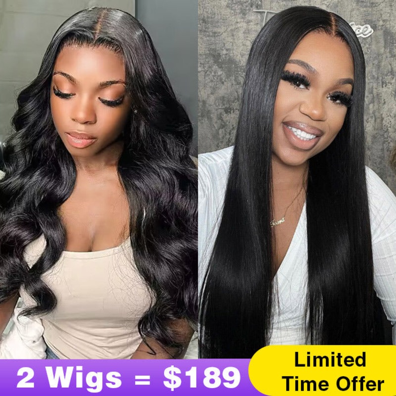 2Wigs = $189 | 8×5 Glueless Body Wave Wig + 8×5 Glueless Straight Wig 8×5 Pre Cut Lace – Glueless Body Wave Wig – 20″ 8×5 Pre Cut Lace – Glueless Straight Wig – 20″