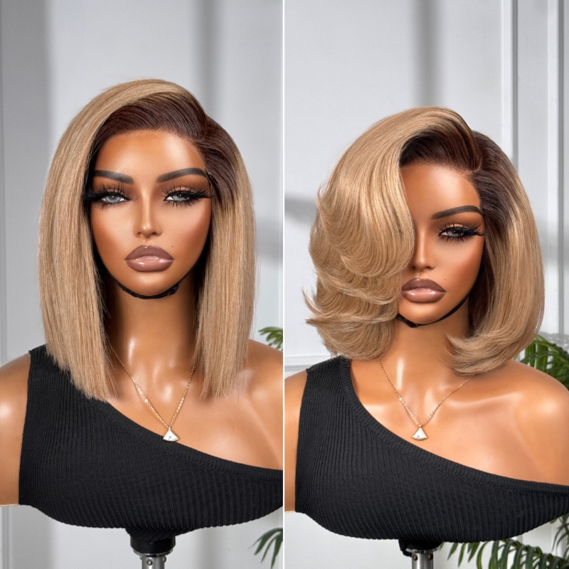 Ash Blonde Ombre Blunt Cut Bob Glueless Minimalist HD Lace Short Bob Wig Ready to Go Pre-Cut Lace Regular Cap 8