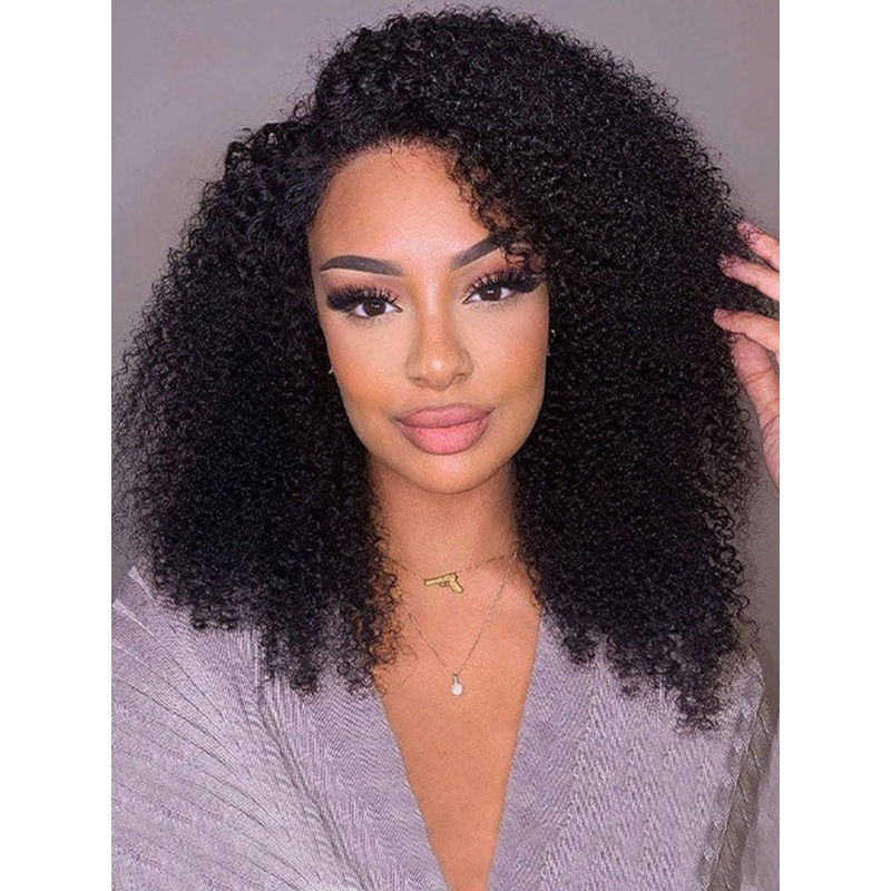 CurlyMe Pre-bleached Afro Curly Hair Swiss HD Lace Front Wig Human Hair Pre plucked Wigs 180% Transparent Lace 16(bob)