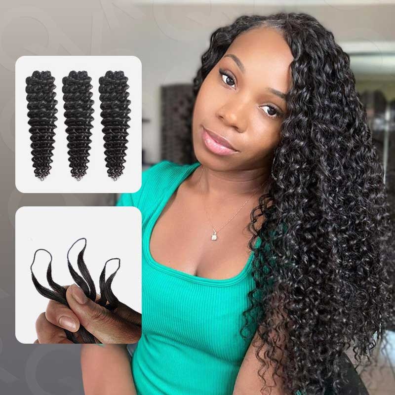 QVR Seamless Deep Curly Handmade Feather Crochet Braid Natural Black Human Hair Extensions Deep Wave 12” 3 Packs (Full Head)