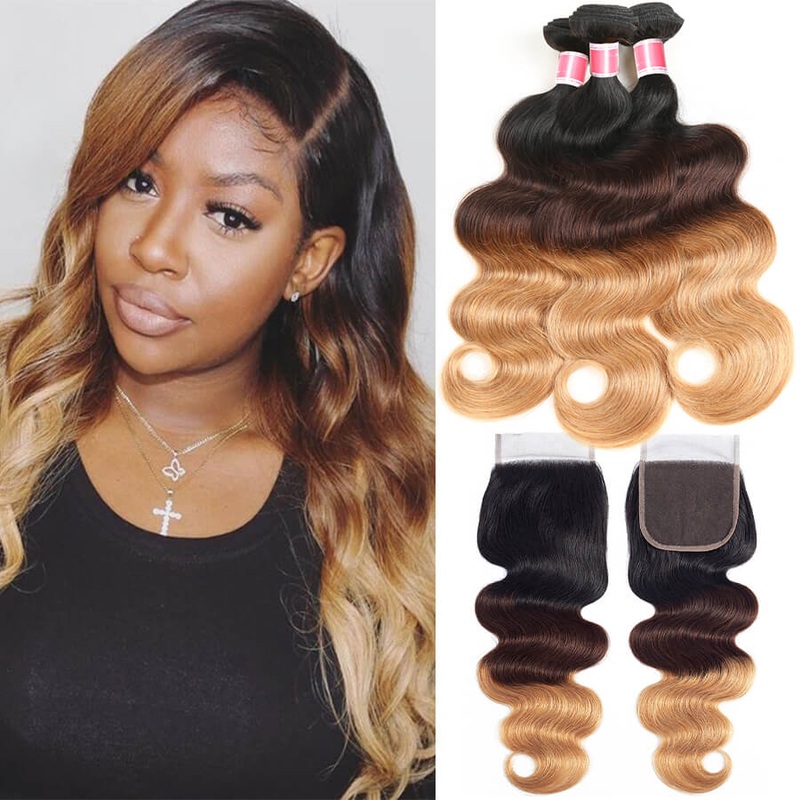 T1b/4/27 Ombre Human Hair 3 Bundles with Closure Free Part Brazilian Body Wave Hermosa Hair 12 12 12+10 Free Part