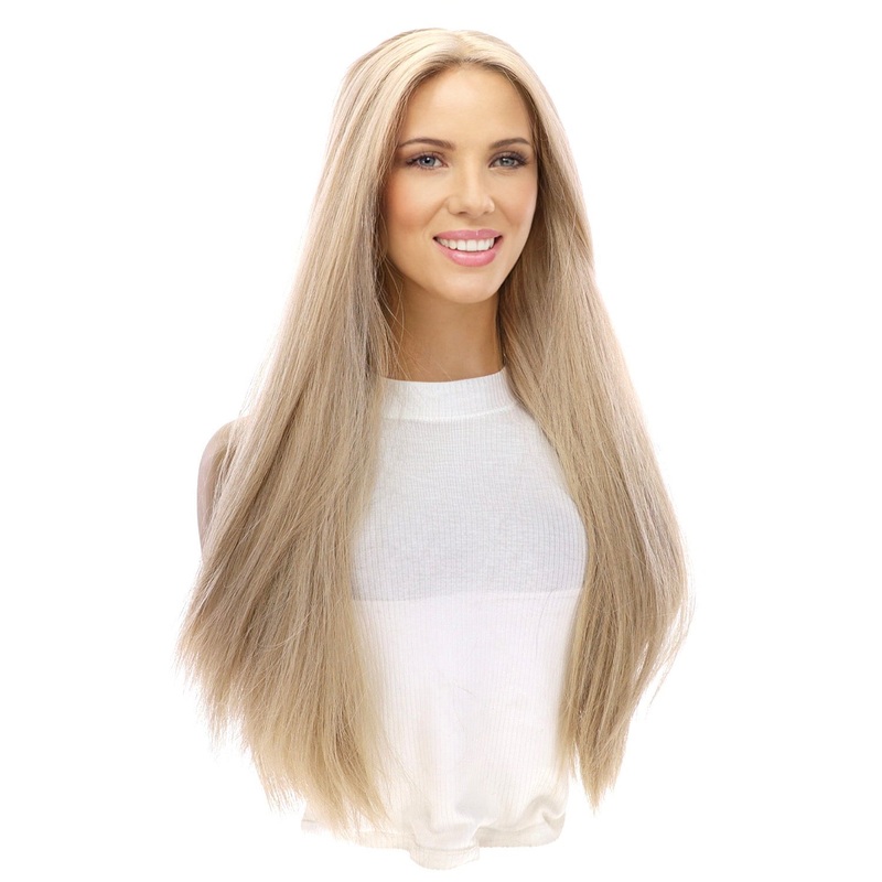 26″ Ponytail Silk Top Wig Beige Blonde w/ No Rooting Zig Zag Lace Front