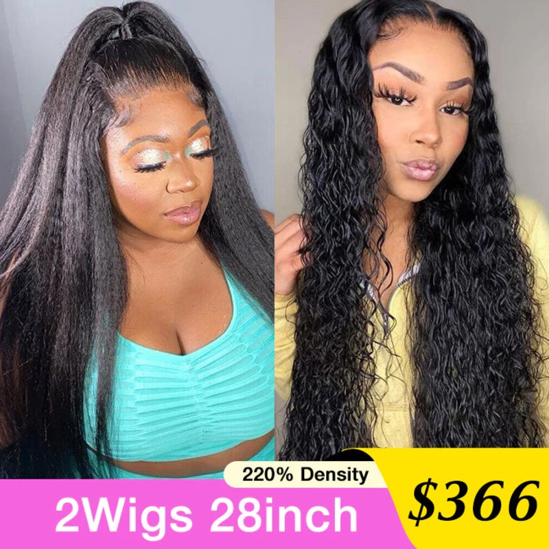[2Wigs 28inch] Kinky Straight & Water Wave Pre-Knotless Super Natural Quick & Easy Install Glueless Wig Kinky Straight Wig – 28inch 220% – 8×5 Pre Everything Water Wave Wig – 28inch 220% – 8×5 Pre Everything