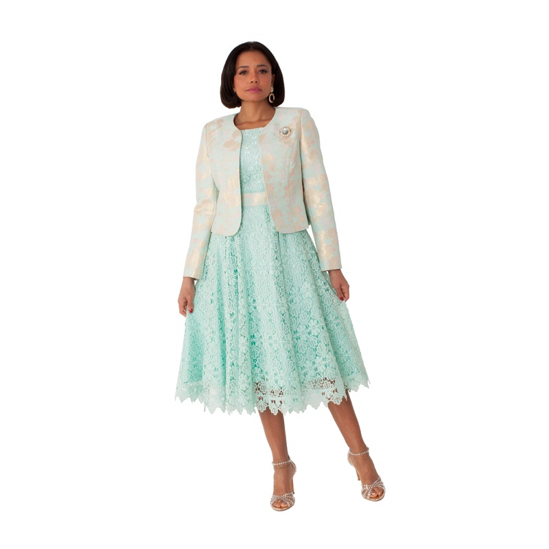 Elegant Woven Jacket & Lace Dress Set  4847 Aqua Multi 8
