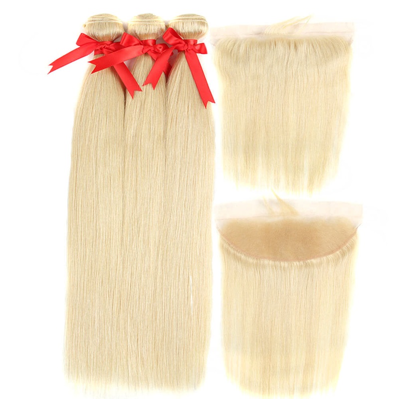 QVR Virgin Human Hair Blonde Straight 3 Bundles With 13*4 Lace Frontal 12″12″12″&10″
