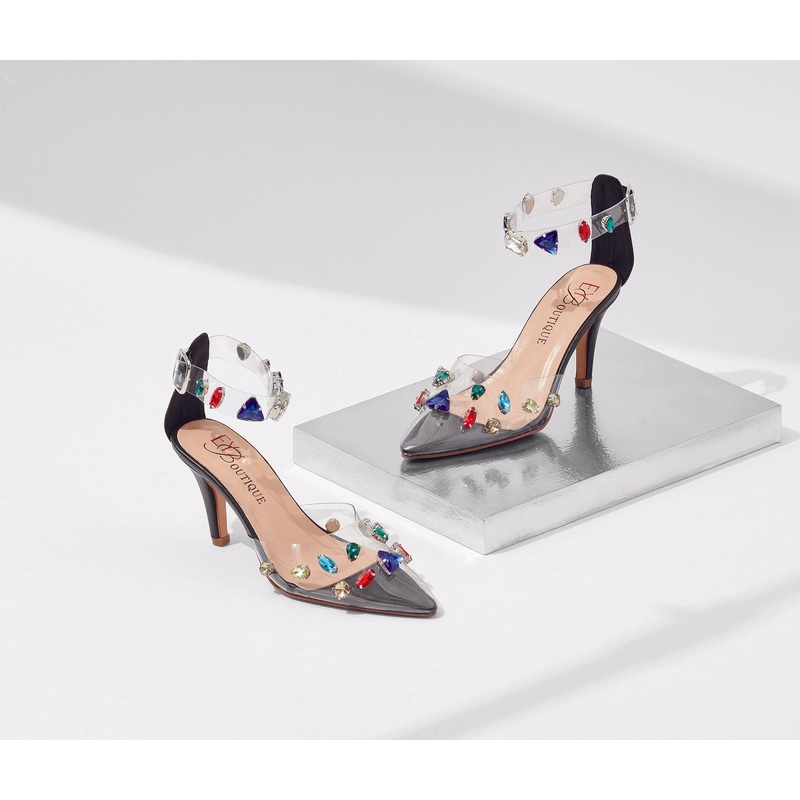 Clearly Jewels Ankle Strap Heels by EY Boutique BLACK MULTI 10M