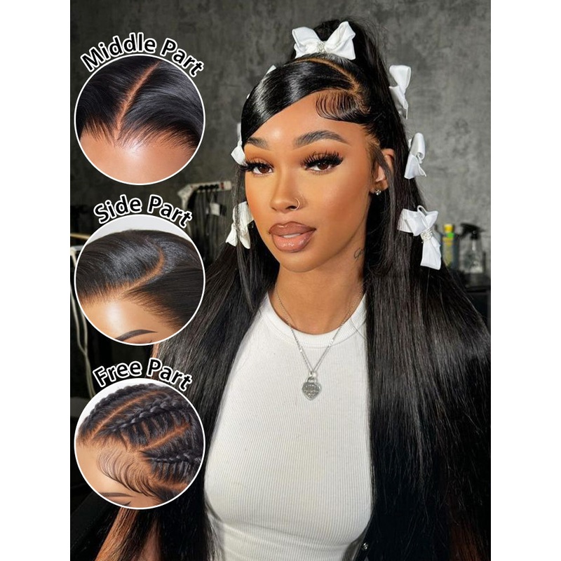 CurlyMe Silky Straight Long Hair 13×6 Lace Front Wigs Pre Plucked Natural Hairline Transparent Lace 180% 8(bob)
