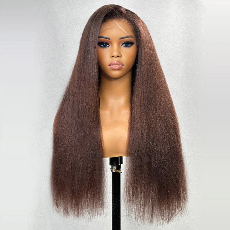 #4 Chocolate Brown 4C Edges Hairline Kinky Straight Wig Glueless Human Hair Wigs Super Realistic Natural 12 Pre Cut 8×5 Lace 180%