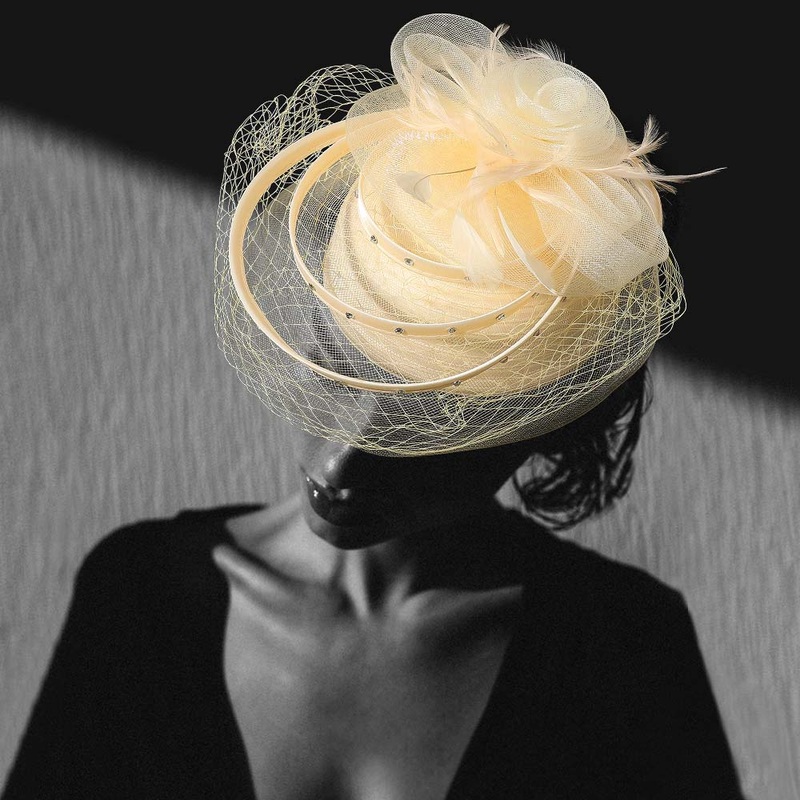 Mesh Flower Feather Pointed Fascinator / Dressy Hat Ivory