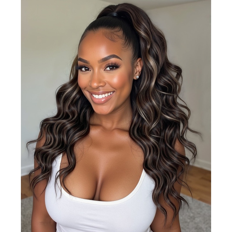 ponytail – curly(3a) ash brown balayage. 14 inches