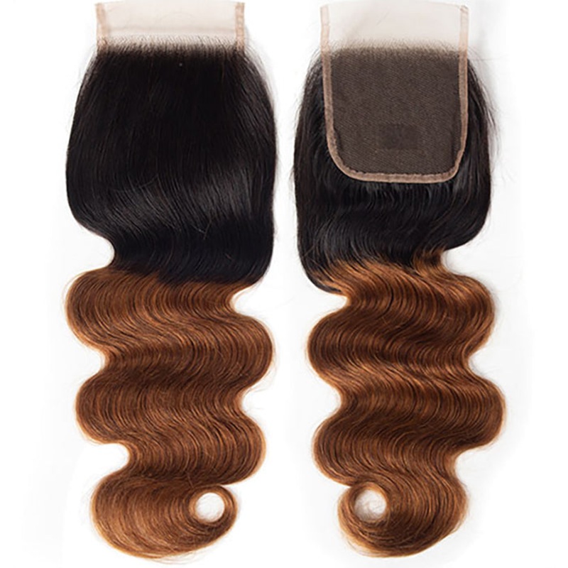 Ombre T1B/30 Body Wave 4×4 Free Part HD Transparent Lace Closure 100% Human Hair 10 Medium Brown Lace Free Part