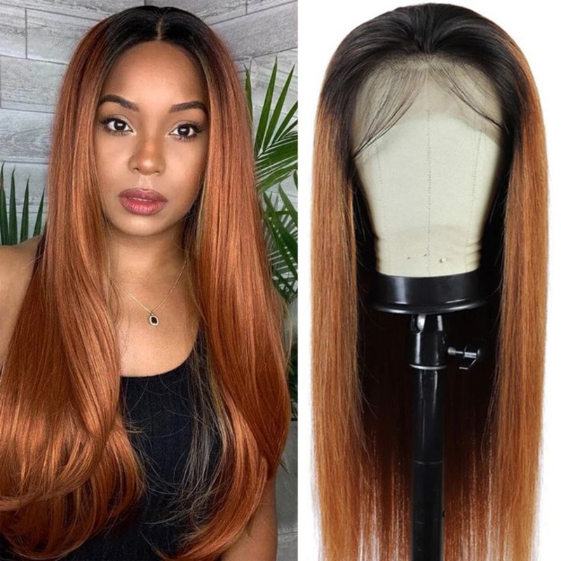 QVR Straight Hair 1B/30 Ombre Honey Brown Color Glueless 4×4 Lace Closure Wig 100% Virgin Human Hair Wigs 13×4 Lace 14