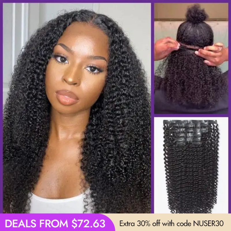 New Customers Only | Kinky Curly Invisible Edge Seamless Clip in Extensions Human Hair with Free Gift Seamless PU Clip in 1 pack 14