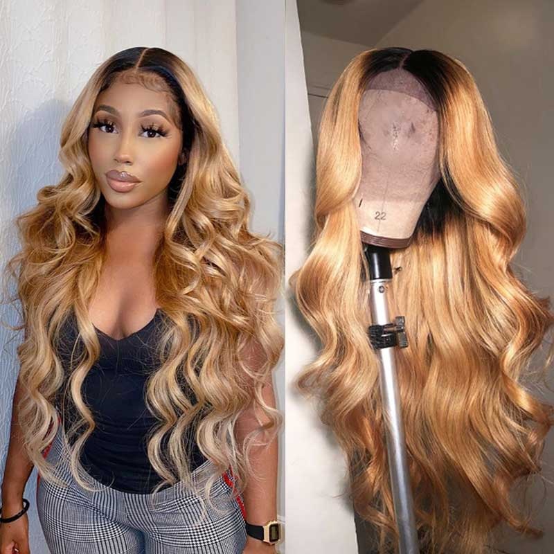 QVR Glueless Pre-cut Ombre Color 4×6 HD Lace Closure Wigs Straight/Body Wave Human Hair Wig Body Wave 16” 4×6 Pre-cut Lace