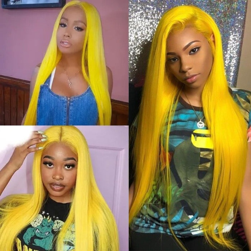 Yellow Colored Human Hair Wig HD  Lace Front Wigs Invisible Glueless Cosplay Wig For Women 12 150% Straight