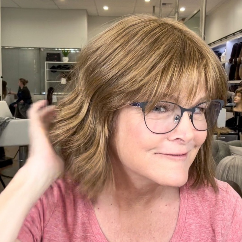 12″ Layered Luxe Bob Silk Top Wig #12 Warm Light Brown w/ Bangs