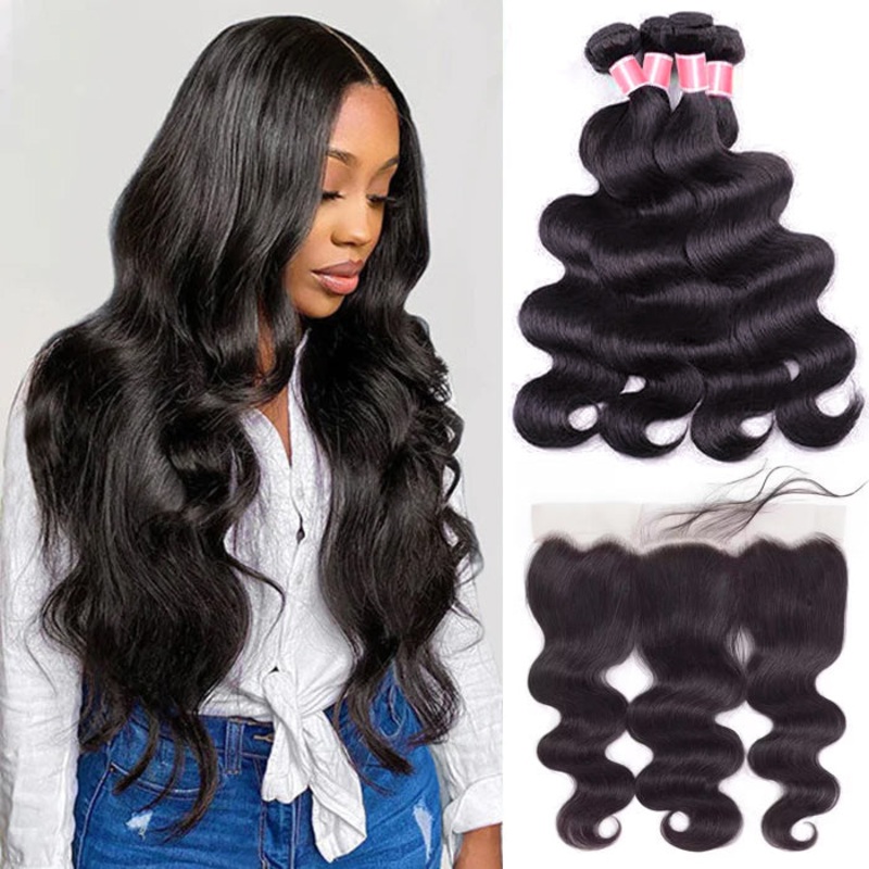 Brazilian Body Wave 4 Bundles with 13*4 Lace Frontal Virgin Human Hair 10 10 12 12+8