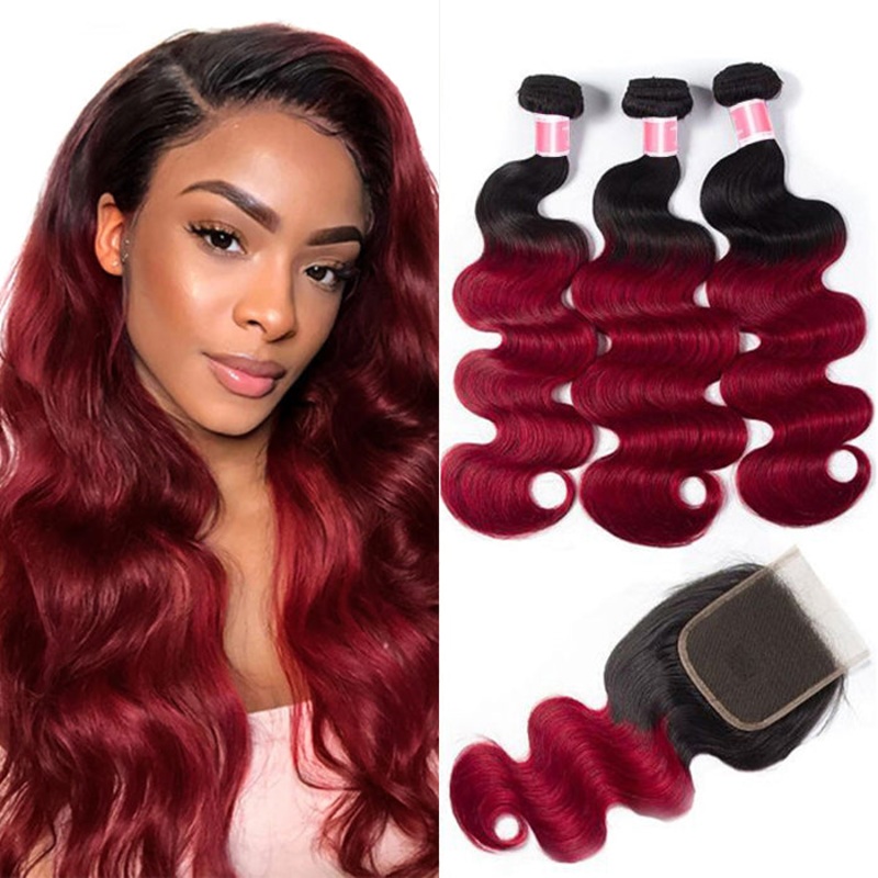 Ombre T1b/99J Body Wave 3 Bundles with Closure Free Part Virgin Human Hair Free Part 12 12 12+10 Brazilian Hair