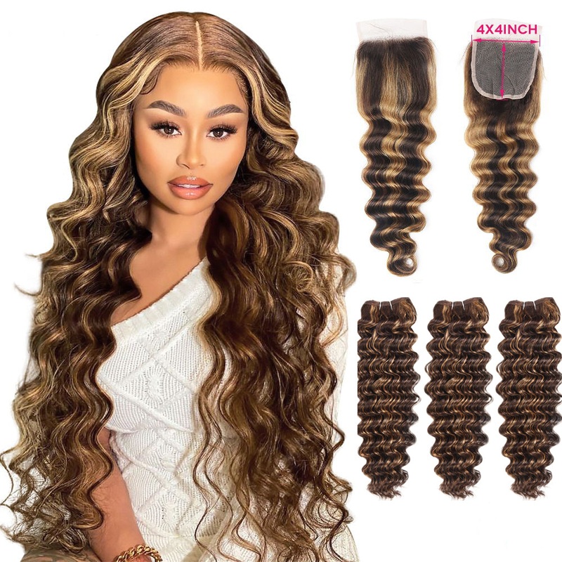 QVR Deep Wave Weave 3 Bundles with Closure Virgin Human Hair Highlights Weave and Closure Piano Brown Color 10″10″10″+10″
