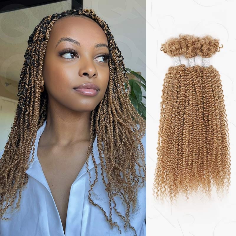 QVR Honey Blonde Afro Kinky V Bulk for Kinky Twist Crochet Braiding Hair Honey Blonde #27 3 Packs Full Head) 10”