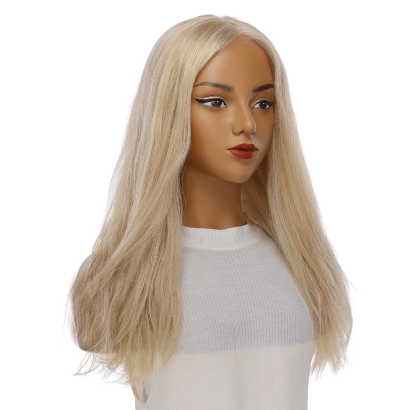 22″ Ponytail Silk Part Wig Beige Blonde w/ No Rooting Wavy Zig Zag Lace Front