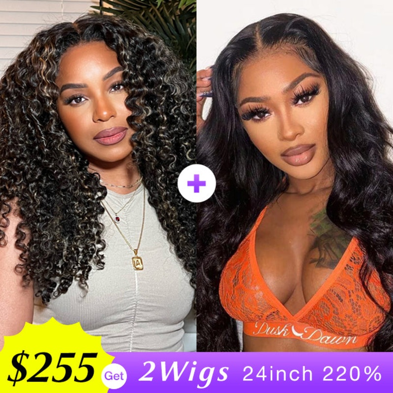 [2Wigs 220%] #1b/27 Highlight Jerry Curly + Body Wave Pre-All Put on And Go Glueless Wig Highlight Curly Wig – 24inch 220% – 8×5 Big Lace Parting Body Wave Wig – 24inch 220% – 8×5 Big Lace Parting