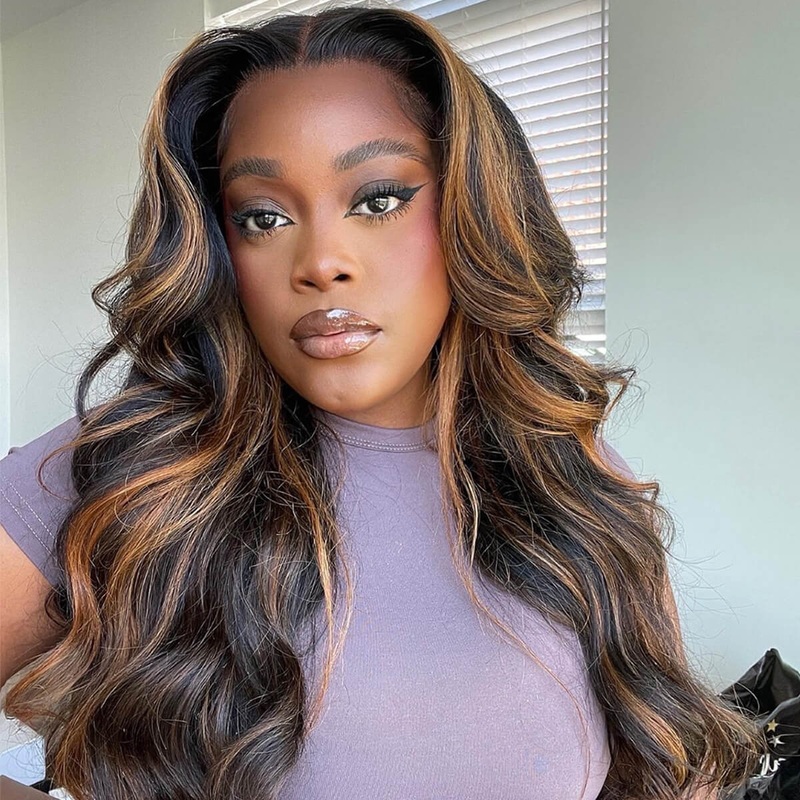 Balayage Highlight Put on go Glueless Wig Pre Cut 8*5 HD Lace Closure Wigs Human Hair 220% Density 14 Body Wave 150%