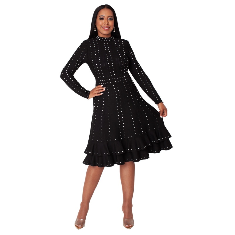 Black Knit Studded Dress with Ruffle Hem -5374 BLACK MULTI 6