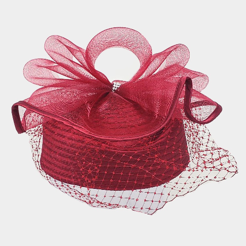 Embellished Rhinestone Mesh Bow Dressy Hat Burgundy