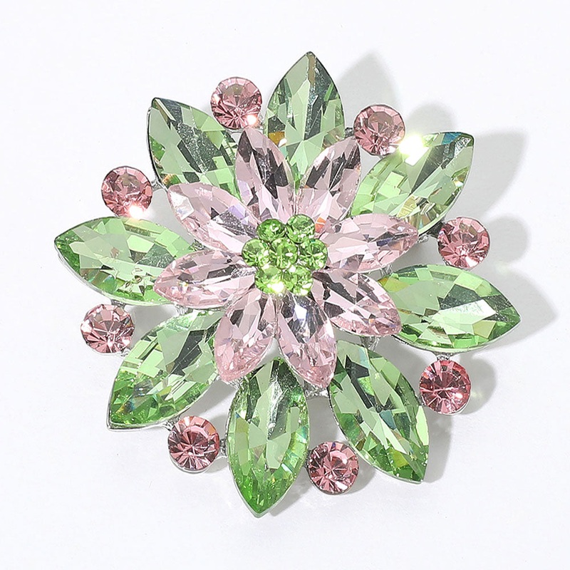 Marquise Stone Accented Flower Pin Brooch Pink&Green