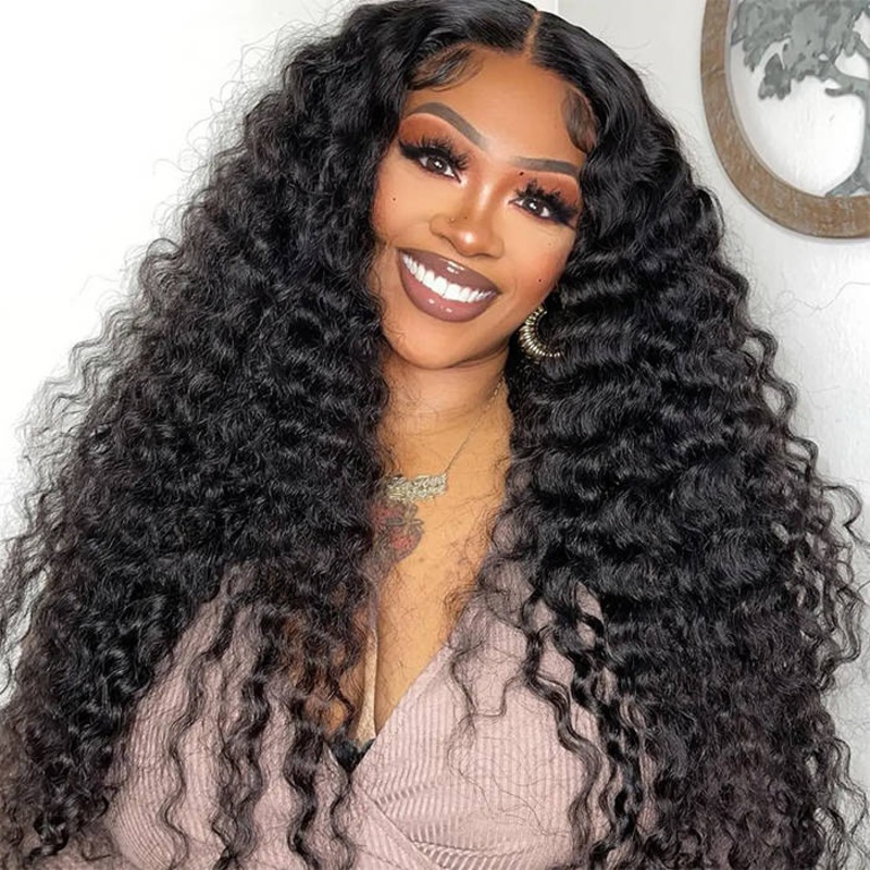 Put on go Glueless Deep Wave 8×5 HD Lace Closure Wig Invisible Knots Large & Small Cap Size 16 8×5 Lace 220% Density M (22.5 inches)