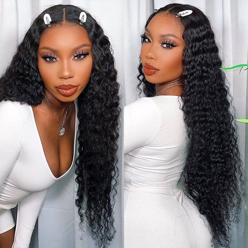 QVR Deep Wave Glueless Wig Brazilian Curly Human Hair Wigs Pre Plucked With Baby Hair 13×6 13×4 Lace Frontal 13×4 Lace 14”