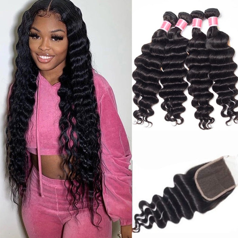 Peruvian Loose Deep Wave 4 Bundles with 4*4 Closure Soft Unprocessed Virgin Human Hair 10 10 12 12+8 Free Part