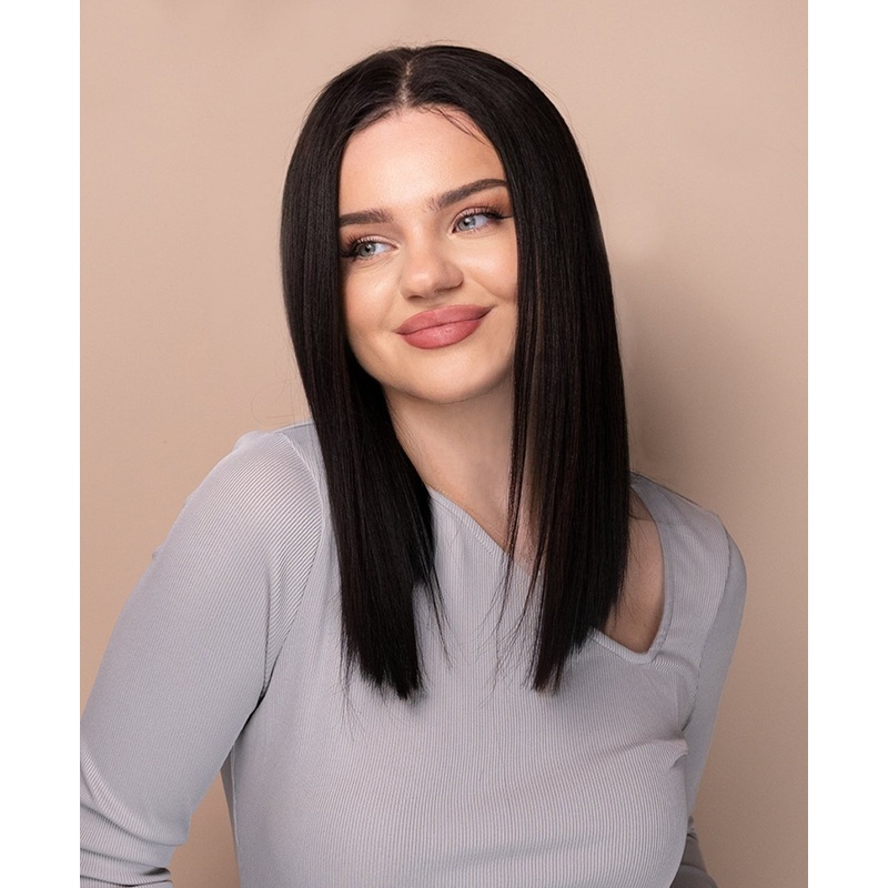put on & go pre-cut lace long bob human wig – 14″ natural black.