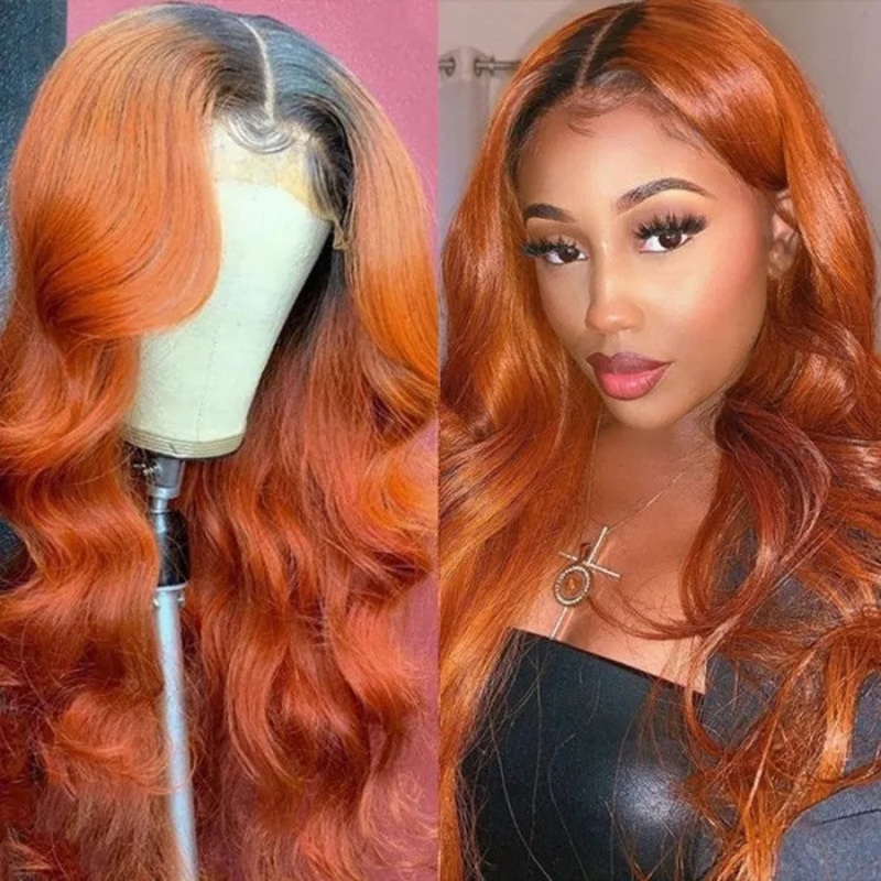 QVR Cinnamon Brunette With Dark Roots Ombre Ginger Color Wig 13×4/4×4 Transparent Lace Frontal Wigs For Black Women 13×4 Lace Body Wave 14