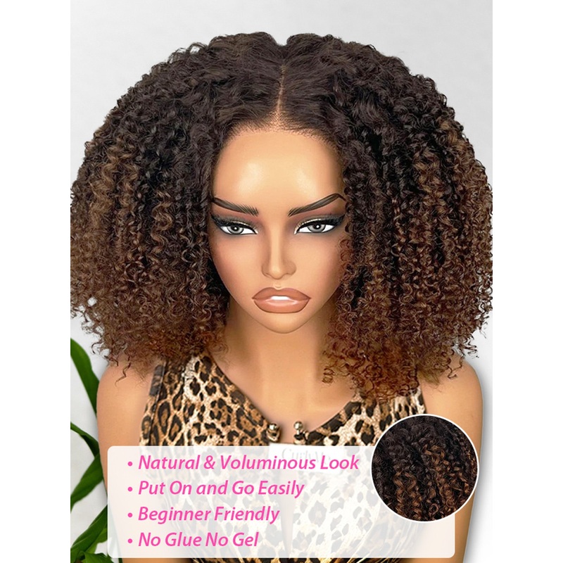 CurlyMe Layered Ombre Brown Pre-Styled Curly Bob Kinky Curly Wig Pre-Cut 7×5 Glueless Wig 200% 18