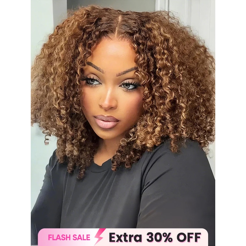 CurlyMe Wear Go Glueless Highlights Ombre Hair Pre-cut HD Lace Kinky Curly Wig 14(bob)